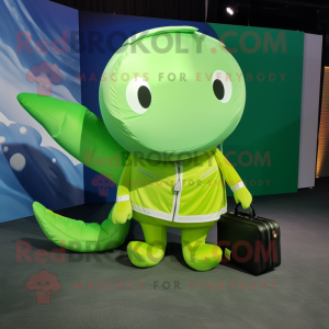 Lime Green Whale mascot costume character dressed with a Pleated Skirt and Messenger bags