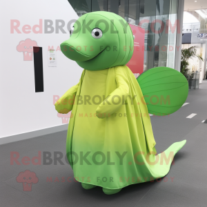 Lime Green Whale mascot costume character dressed with a Pleated Skirt and Messenger bags