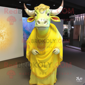Lemon Yellow Bull mascot costume character dressed with a Maxi Dress and Shawl pins