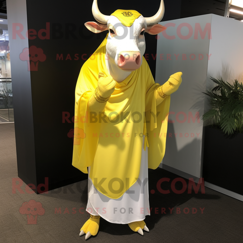 Lemon Yellow Bull mascot costume character dressed with a Maxi Dress and Shawl pins Lemon Yellow Bull mascot costume character dressed with a Maxi Dress and Shawl pins