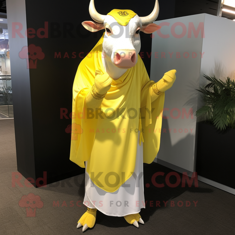 Lemon Yellow Bull mascot costume character dressed with a Maxi Dress and Shawl pins