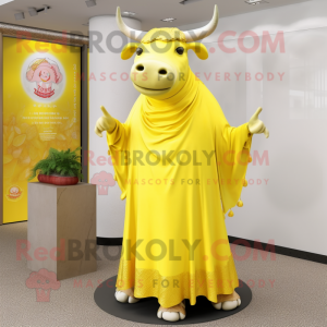 Lemon Yellow Bull mascot costume character dressed with a Maxi Dress and Shawl pins