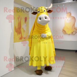 Lemon Yellow Bull mascot costume character dressed with a Maxi Dress and Shawl pins