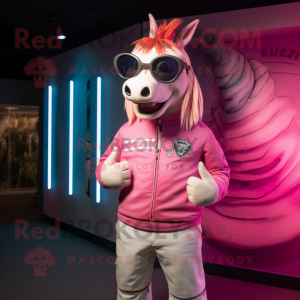 Pink Quagga mascot costume character dressed with a Graphic Tee and Sunglasses
