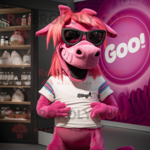 Pink Quagga mascot costume character dressed with a Graphic Tee and Sunglasses