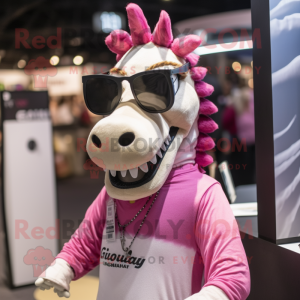 Pink Quagga mascot costume character dressed with a Graphic Tee and Sunglasses