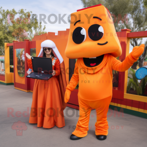 Orange Enchiladas mascot costume character dressed with a Jumpsuit and Wallets