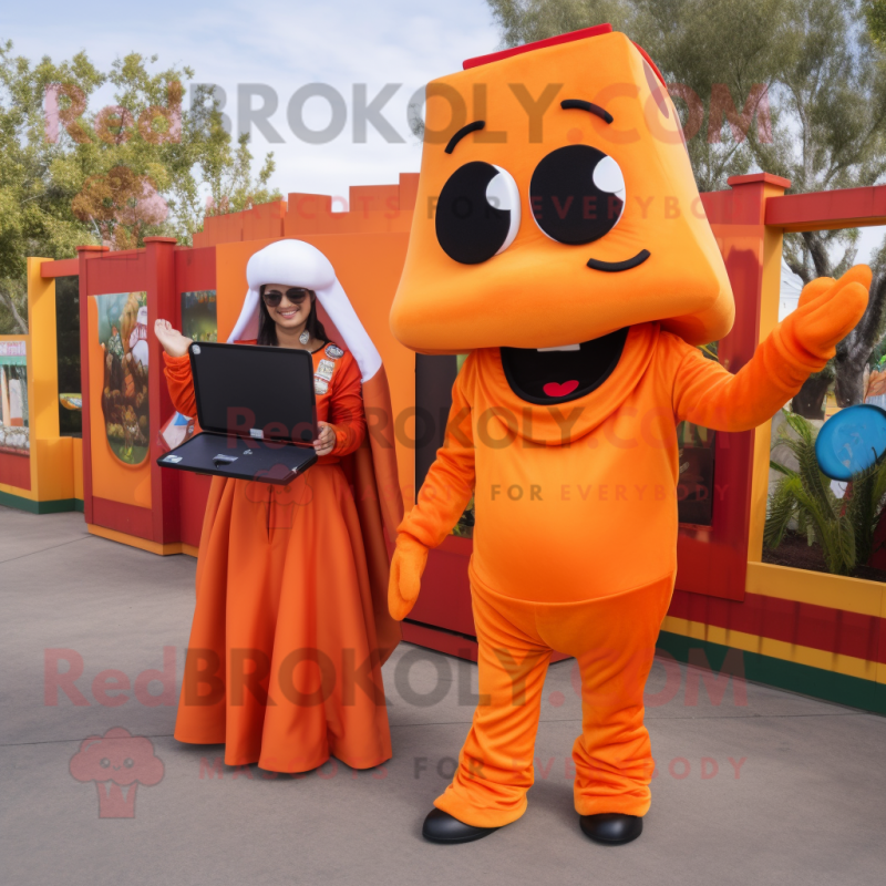 Orange Enchiladas mascot costume character dressed with a Jumpsuit and Wallets Orange Enchiladas mascot costume character dressed with a Jumpsuit and Wallets