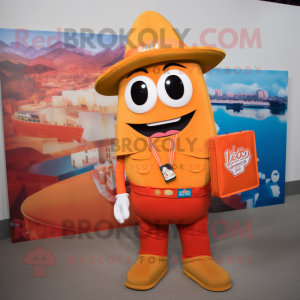 Orange Enchiladas mascot costume character dressed with a Jumpsuit and Wallets