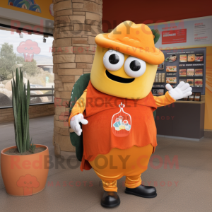 Orange Enchiladas mascot costume character dressed with a Jumpsuit and Wallets