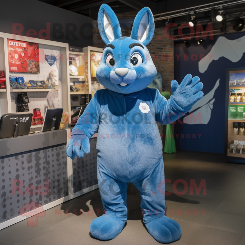 Blue Wild Rabbit mascot costume character dressed with a Jumpsuit and Mittens