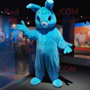 Blue Wild Rabbit mascot costume character dressed with a Jumpsuit and Mittens