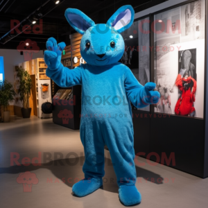 Blue Wild Rabbit mascot costume character dressed with a Jumpsuit and Mittens