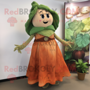 Rust Beanstalk mascot costume character dressed with a Dress and Scarves
