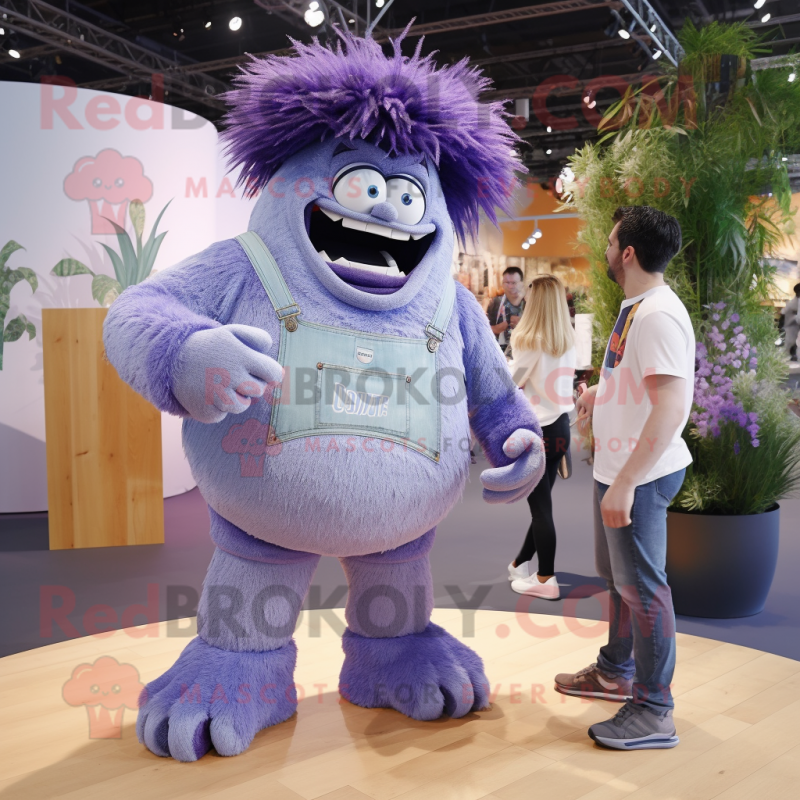 Lavender Strongman mascot costume character dressed with a Boyfriend Jeans and Hairpins Lavender Strongman mascot costume character dressed with a Boyfriend Jeans and Hairpins