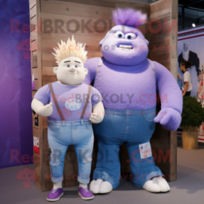 Lavender Strongman mascot costume character dressed with a Boyfriend Jeans and Hairpins