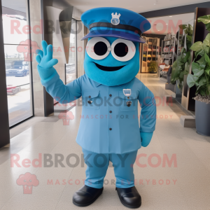Cyan Navy Soldier mascot costume character dressed with a Board Shorts and Hat pins