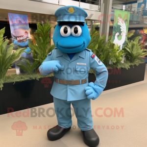 Cyan Navy Soldier mascot costume character dressed with a Board Shorts and Hat pins