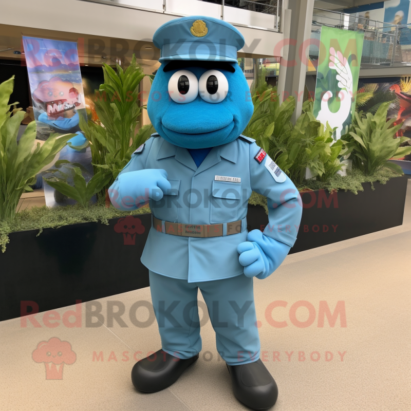 Cyan Navy Soldier mascot costume character dressed with a Board Shorts and Hat pins Cyan Navy Soldier mascot costume character dressed with a Board Shorts and Hat pins