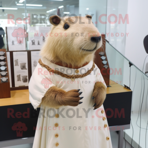 Beige Capybara mascot costume character dressed with a Dress and Earrings