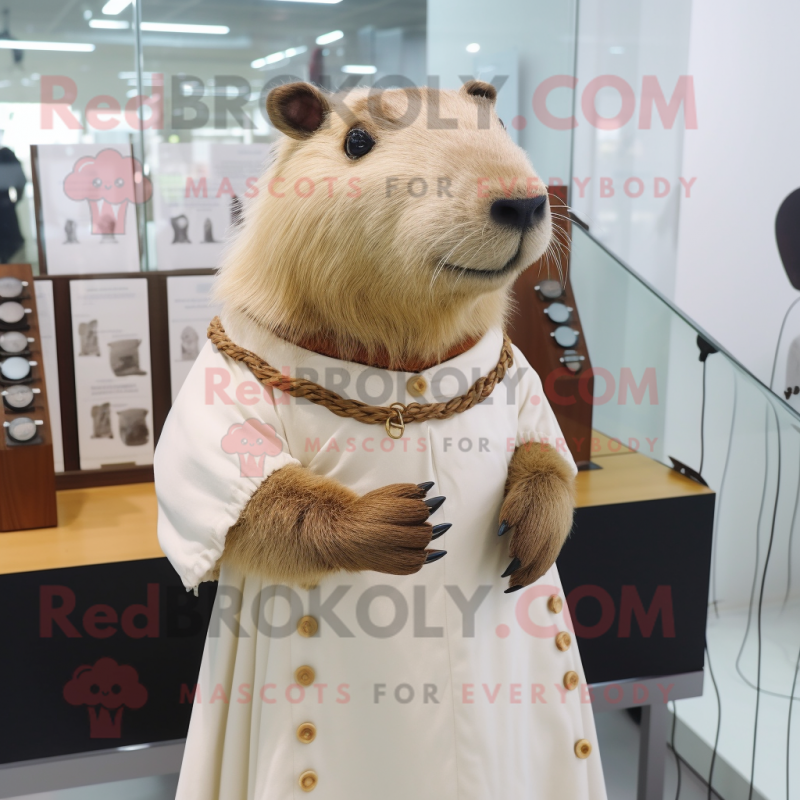 Beige Capybara mascot costume character dressed with a Dress and Earrings Beige Capybara mascot costume character dressed with a Dress and Earrings
