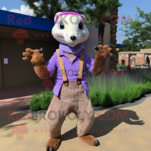 Lavender Mongoose mascot costume character dressed with a Chinos and Gloves