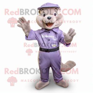 Lavender Mongoose mascot costume character dressed with a Chinos and Gloves
