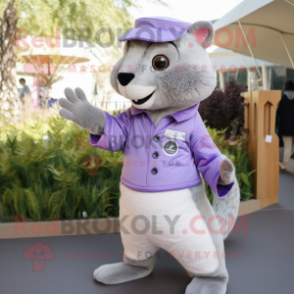 Lavender Mongoose mascot costume character dressed with a Chinos and Gloves