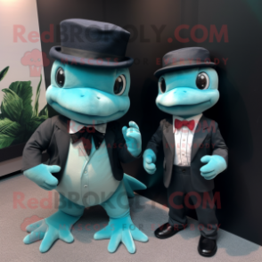 Teal Axolotls mascot costume character dressed with a Tuxedo and Caps