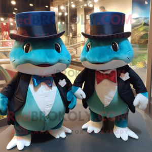 Teal Axolotls mascot costume character dressed with a Tuxedo and Caps