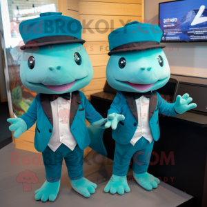 Teal Axolotls mascot costume character dressed with a Tuxedo and Caps