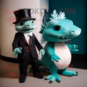 Teal Axolotls mascot costume character dressed with a Tuxedo and Caps
