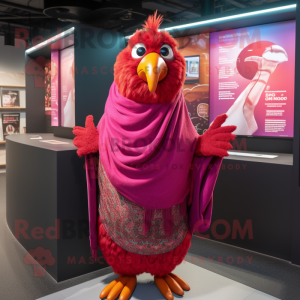 Magenta Tandoori Chicken mascot costume character dressed with a T-Shirt and Shawls