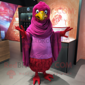 Magenta Tandoori Chicken mascot costume character dressed with a T-Shirt and Shawls