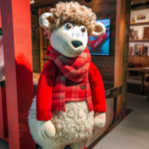 Red Sheep mascot costume character dressed with a Mom Jeans and Scarf clips