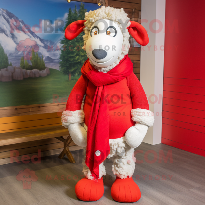Red Sheep mascot costume character dressed with a Mom Jeans and Scarf clips