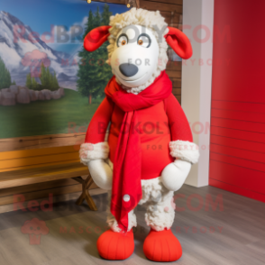 Red Sheep mascot costume character dressed with a Mom Jeans and Scarf clips