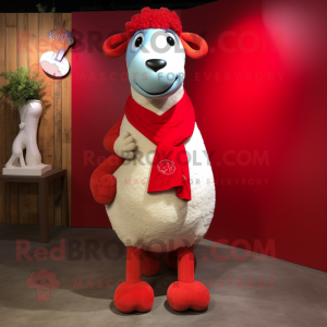 Red Sheep mascot costume character dressed with a Mom Jeans and Scarf clips