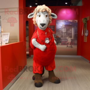 Red Sheep mascot costume character dressed with a Mom Jeans and Scarf clips