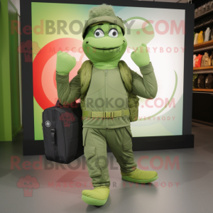 Green Special Air Service mascot costume character dressed with a Yoga Pants and Handbags