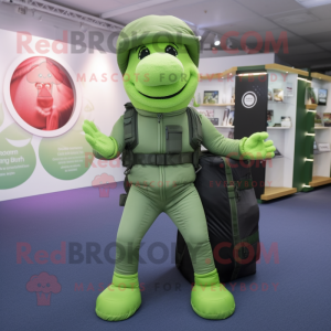 Green Special Air Service mascot costume character dressed with a Yoga Pants and Handbags