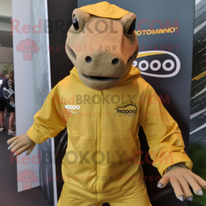 Gold Komodo Dragon mascot costume character dressed with a Windbreaker and Headbands