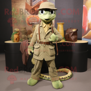 Olive Python mascot costume character dressed with a Corduroy Pants and Lapel pins