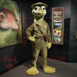 Olive Python mascot costume character dressed with a Corduroy Pants and Lapel pins