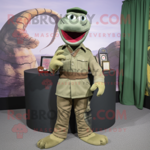 Olive Python mascot costume character dressed with a Corduroy Pants and Lapel pins