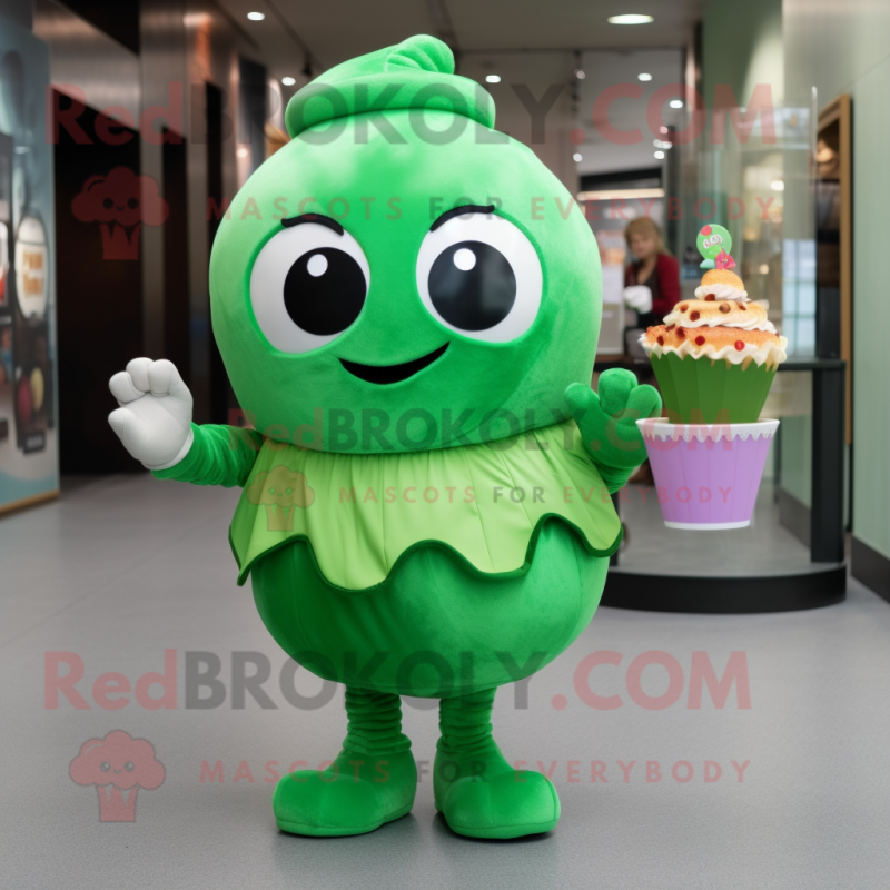 Green Cupcake mascot costume character dressed with a Bodysuit and Coin purses