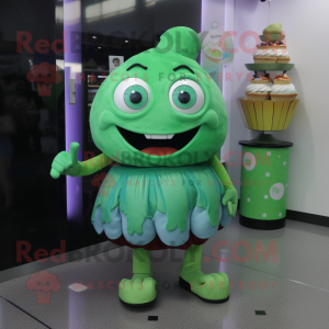 Green Cupcake mascot costume character dressed with a Bodysuit and Coin purses