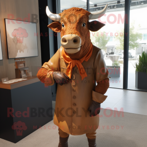 Rust Bull mascot costume character dressed with a Sheath Dress and Tie pins