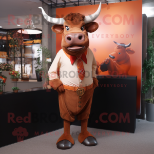 Rust Bull mascot costume character dressed with a Sheath Dress and Tie pins