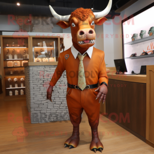 Rust Bull mascot costume character dressed with a Sheath Dress and Tie pins